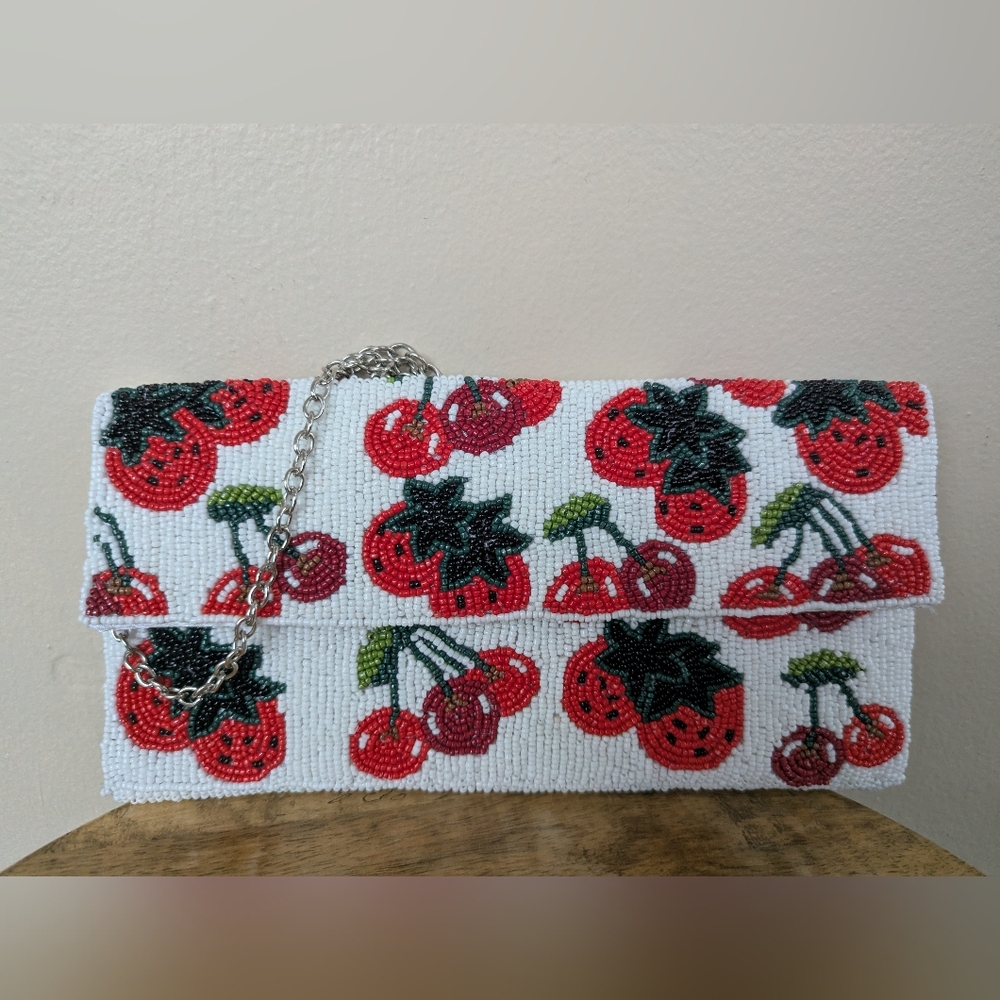 Sol And Mer Viral Fruit Beaded Clutch With Crossbody Strap, Red, White, & Green